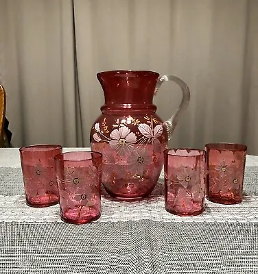 $110 • Buy Antique Victorian Cranberry Glass Enameled Floral Pitcher And Tumblers Water Set
