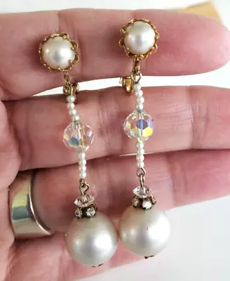 Vendome Faux Pearl Clr RS Borealis Bead GoldTone Clip Earrings 2-3/8  Adjustable • $22