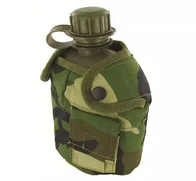 MILITARY WATER BOTTLE Green Camouflage Flask Army Canteen With Camo Belt Pouch • £12.90