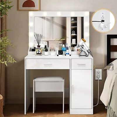 36  Vanity Desk W/Power Strip Makeup Table W/Lighted Mirror 2 Drawers &Cabinet • $168.99