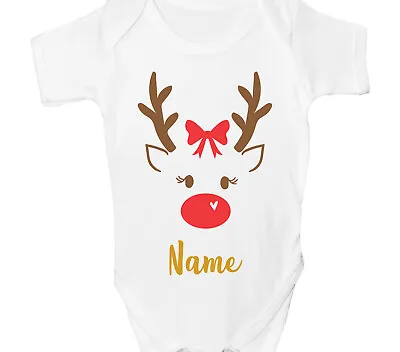 Personalised First Christmas Baby Grow 1st Xmas Sleepsuit Girls Reindeer Gift • £6.99