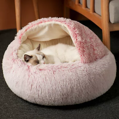 Modern Round Pet Dog Cat Bed Cave Plush Fluffy Hooded Cat Bed Donut • £10.95