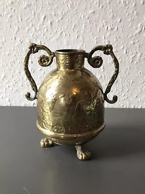 Vintage Middle Eastern Persian Hand Crafted Brass Pot Urn  Engraved Animals • $24.90