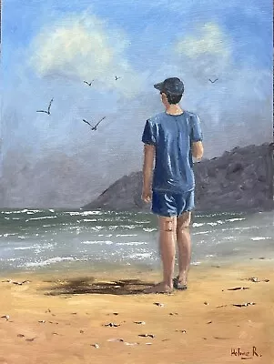 Beach Scene Boy Checking Waves Oil Painting Seascape Helene Richardson S23078 • $70
