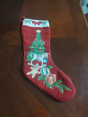 Vintage  Needlepoint Stocking Teddy Bear  Christmas Tree Victorian • $19.95