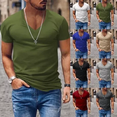 Mens Muscle T Shirt Short Sleeve Summer Tops Men Slim Fit Work V Neck T-shirt • $17.99