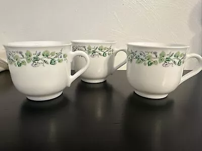 Lot Of 3 Martha Stewart Everyday Tea Cups Mugs Set White W/ Purple & Green Vines • $24.75