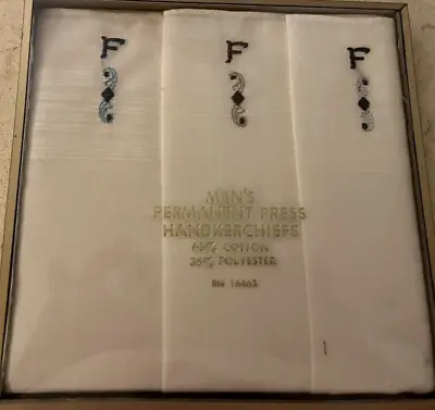 Vintage NWT  Men's Permanent Press Handkerchiefs Monogram F White      RN 16463 • $10.95