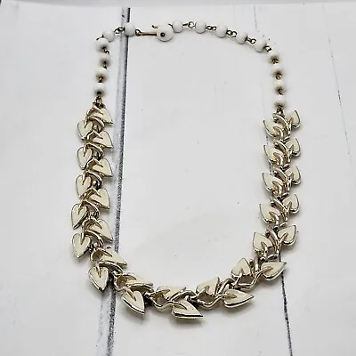 Vintage Coro Necklace White Enamel Leaves Choker Silver Tone 14   • $17.33