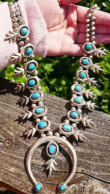 Vintage Navajo Sterling Silver & Turquoise Squash Blossom Necklace - 25  Long • $1200