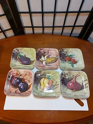 Peasant Village Italian Pottery Square 5  Saucer Plates. Signed PV. Set Of 6 • $24