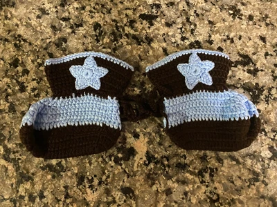 $5.99 • Buy COWBOY Newborn Baby BOOTS Set Cowgirl Brown Crochet 0-6months PHOTO PROP