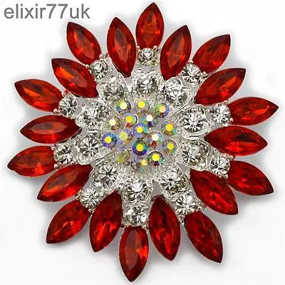 New 2.8  Large Silver Flower Brooch Red Diamante Crystal Bridal Party Pin Broach • £6.45