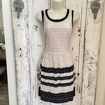 ECI Woman's Size 8 Black Navy Blue Ivory Eyelet Sleeveless Dress • $20.95