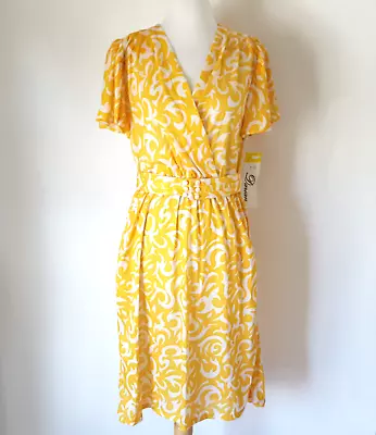 Vtg 80s 90s Sunny Yellow Dress Sz 8 Belted Flutter Sleeve Knit Secretary Teacher • $32