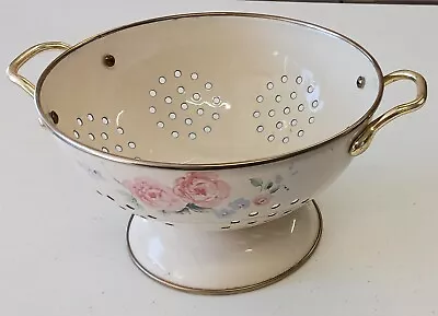 Vintage Enamel Colander W/ Brass Handles - Pink Rose Design • $12