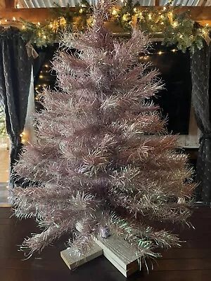 Vintage Pink & Silver Iridescent Christmas Tree & Wood Stand 31” Tall  EB-109 • $27.41