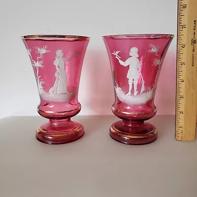 Pair Of 6.5  Mary Gregory Vases~~Pink & White Hand Painted • $100