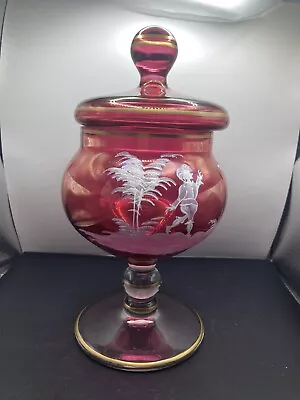 Vtg Mary Gregory Ruby Glass Candy Dish W/ Lid Hand Painted Gold Gild Pedestal • $75