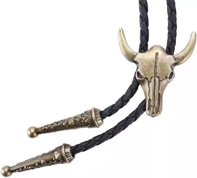 Western Vintage Bolo Tie For Men - Cow Skull Design Cowboy Tie - Black Leather B • $17.02