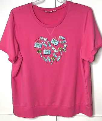 Quaker Factory Women's 2X Short Sleeve Top Pink With Embroidered Beach Accents • $15.95