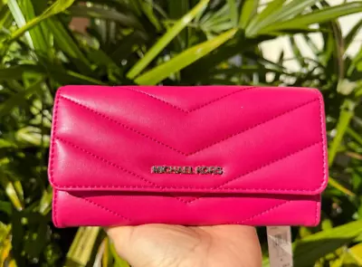 Michael Kors Jet Set Travel Large Trifold Wallet Quilted Stripe Electric Pink • $79.80