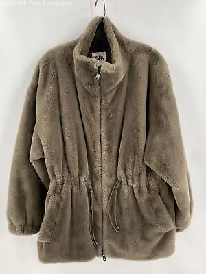 Zara Womens Brown Long Sleeve Pockets Bodywarmer Teddy Full Zip Overcoat Size XL • $34.99