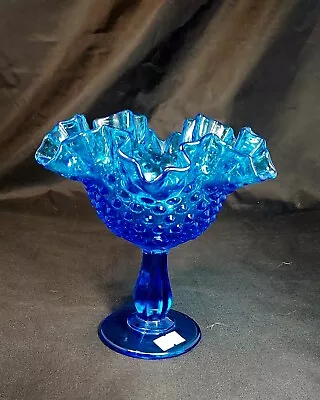 Fenton Colonial Blue Hobnail Footed Pedestal Compote Glass Dish Ruffled Edge • $28.99