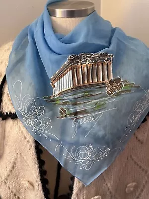 Vintage Blue Hand Painted Pure Silk Scarf  Unique Beautiful Spring Scarf. Greece • $85