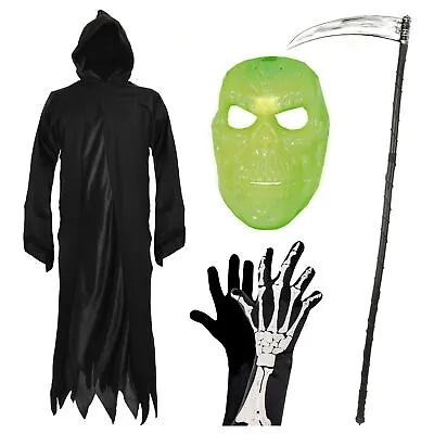 Mens Grim Reaper Fancy Dress Halloween Costume Cloak Glow Mask Gloves Scythe • £21.99