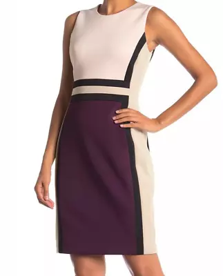 CALVIN KLEIN Women's Stretch Ponte Colorblock Sheath Dress BURGUNDY/MULTI Size 2 • $58