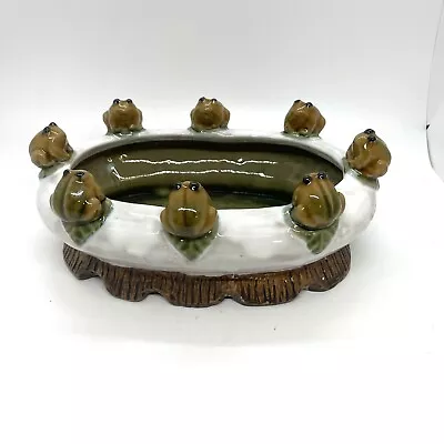 Vintage 8 Frogs On Bamboo Ceramic Majolica Style Pottery Large Planter Oval Bowl • $36.12