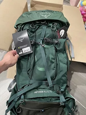 Osprey Aether Plus 70L Axo Green Mens Backpack Removable Top Lid Size L/XL • $350
