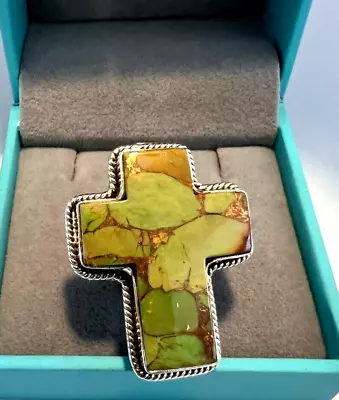 Size 7.5 Ring 925 Sterling Silver Green Mohave Turquoise Large Cross Statement • $53.95