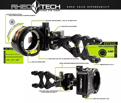 AXCEL RHEOTECH Compound Bow Sight - 5 Pin - 0.019  Fiber Size - Microadjust -New • $145.59