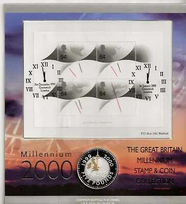 2000 Millenium Gb Stamp & Silver Proof Five Pound Coin Presentation Pack • £20