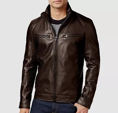 $175 Michael Kors Mens Brown Perforated Faux-Leather Moto Coat Jacket Size Small • $49.18