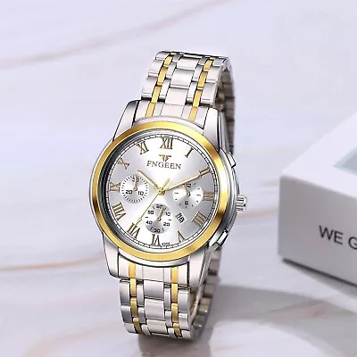 Luxury Men's Watch Gold Silver Roman Dial Stainless Steel Waterproof Gift NEW • $59.01