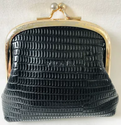 Vera Pelle Fiona Leather Coin Wallet Black Gold Toned Kiss Lock Closure • $8.99