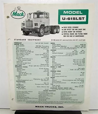 1965 Mack Truck Model U 615LST Specification Sheet • $12.70