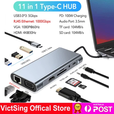 $52.88 • Buy 11 In 1 USB C Hub Adapter Dongle 4K HDMI VGA 1000m RJ45 Ethernet USB3.0 Type C