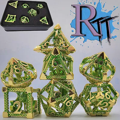 Gold Green Hollow Metal Dice Set Cthulhu DND Polyhedral Dungeons And Dragons RPG • $29.98