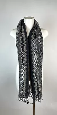 MISSONI - Fringed Open Weave Metallic Black Zig Zag Scarf ITALY 63  X17  • $48