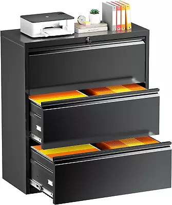 Black Lateral File Cabinet With Lock 3 Drawer Lateral Filing Cabinet For Legal/ • $221.99