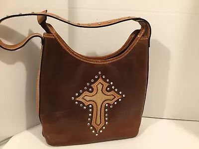 Montana Silversmiths Leather Purse Brown Fur Inset Cross Rhinestones • $30.50