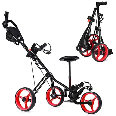 Foldable 3 Wheel Push Pull Golf Club Cart Trolley Buggy Golf Accessories W/ Seat • $179.95