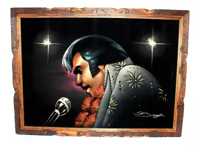 Rare Vintage Large ELVIS PRESLEY Framed Black Velvet Painting 1970s 39 X 29  • $365