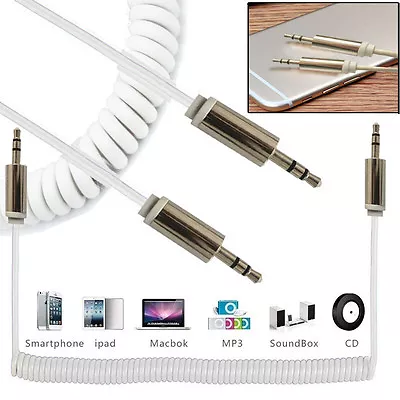 3.5mm Coiled AUX Cable Mini Jack To Jack Male Audio Auxiliary Lead PC Car White • £2.85