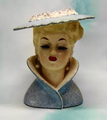 Vintage Napco Ware C3815 Lady Head Vase 5 1/2  Blue Jacket & Hat Pearl Earrings • $29.95