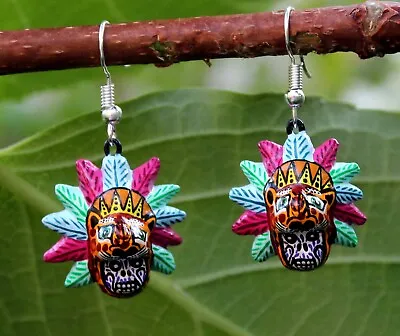 Earrings Day Of The Dead Aztec Jaguar Warrior Skull Handmade Mexican Folk Art • $18